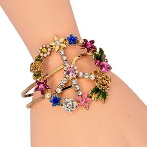 Rainbow Rhinestone Peace Clamper Bracelet 6.75” Hippie Flower Child